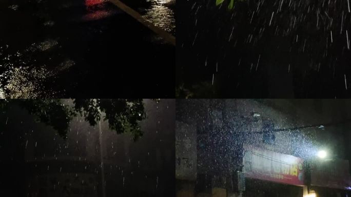 深夜雨点大雨雨声雷雨雨滴风吹夜树摇摆雨夜