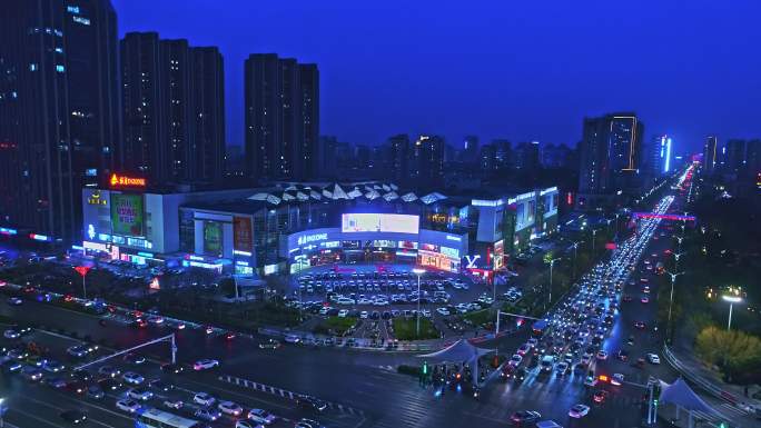 潍坊银座北海路夜景车水马龙航拍