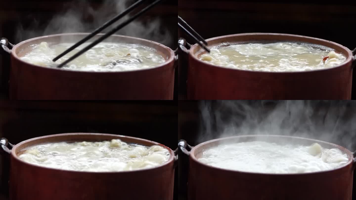 广东老火靓汤高汤沸腾大勺汤熬制大鱼头汤