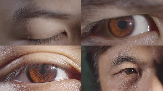 4K不同年龄男女眼睛虹膜缩放睁眼微距特写