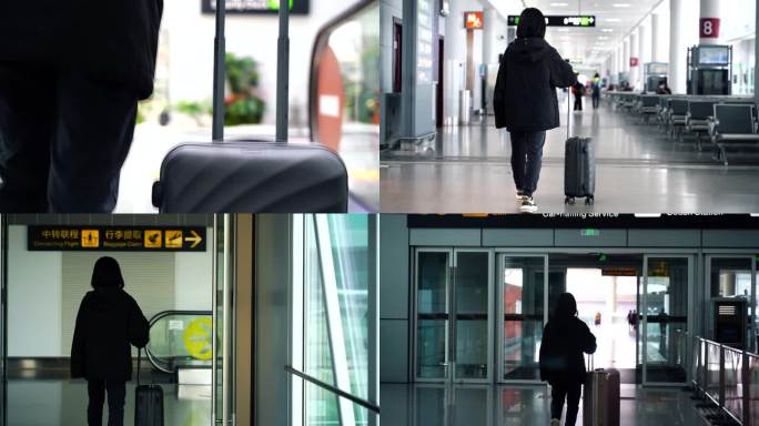 旅客拖行李箱背影乘客机场推行李箱行走背影