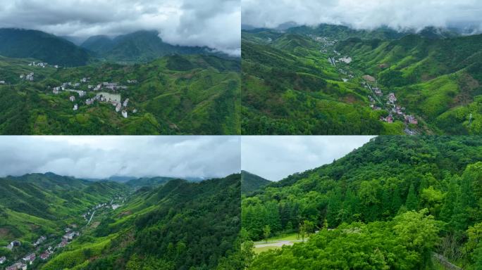 航拍临安天目山山峰村庄小道