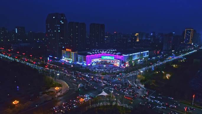 潍坊银座北海路夜景车水马龙航拍