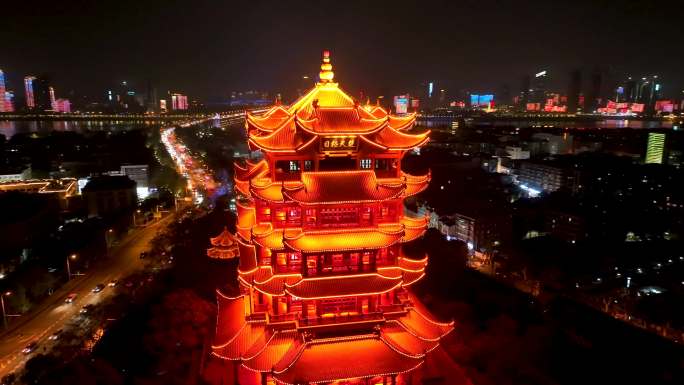 武汉 黄鹤楼 黄鹤楼夜景 黄鹤楼航拍街道