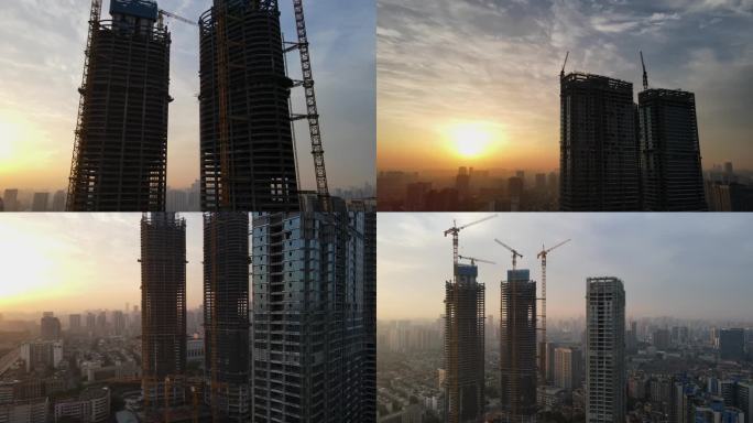 城市高层钢结构建筑施工工地世纪空间航拍