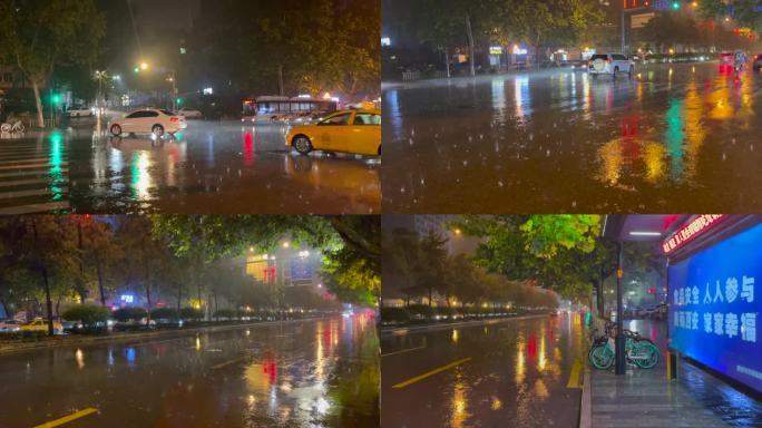 城市下大雨镜头下雨素材城市下雨夜景大雨滴