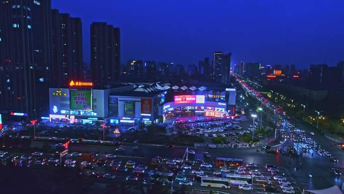 潍坊银座北海路夜景车水马龙航拍