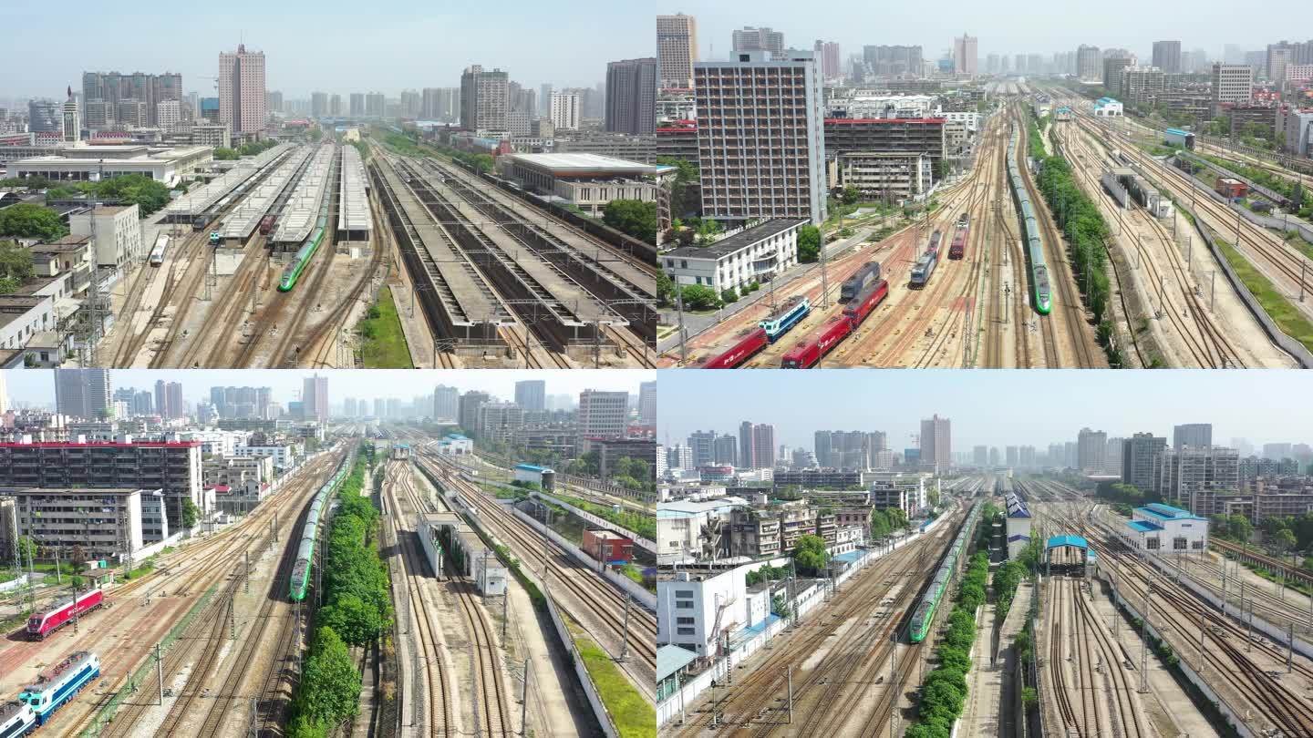 4K航拍京广铁路绿巨人动车组驶出长沙站