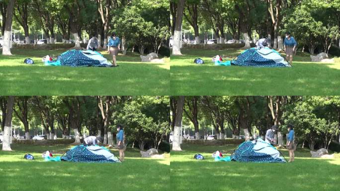 情侣在公园搭建帐篷