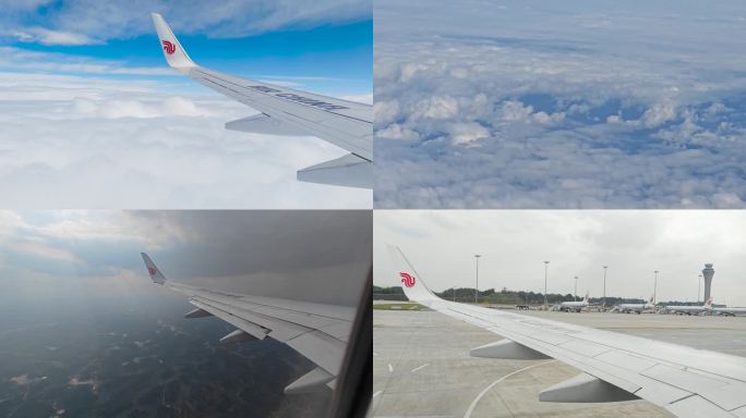 透过飞机窗口观看云层和风景