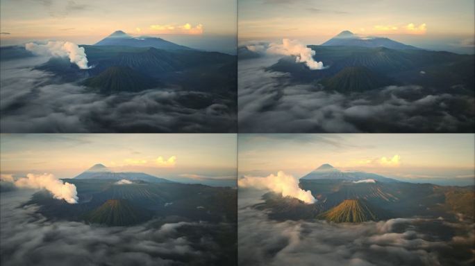 印尼布罗莫火山航拍延时日出平流雾