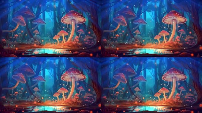 梦幻树林蘑菇萤火虫飞舞循环
