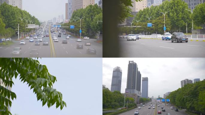 武汉街道空境，街道车流，夏天的街道