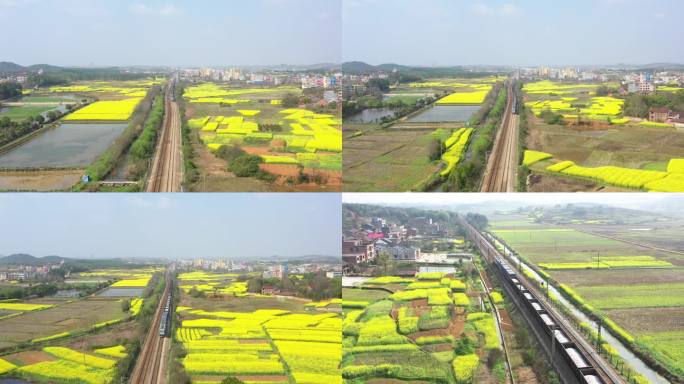 4K航拍货物列车驶过湖南耒阳春天的田野