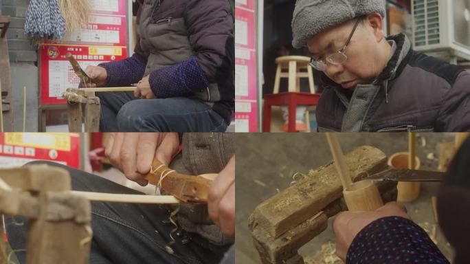 杭州街头圆木技艺非遗匠人现场制作圆木