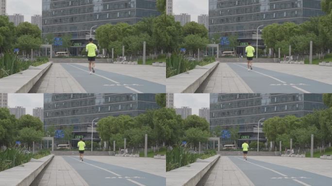 在城市公园跑步的男子远去的背影