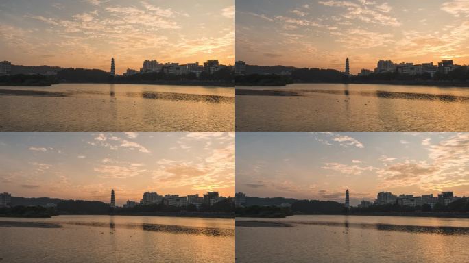 延时记录广东高州鉴江河畔的宝光塔日落过程