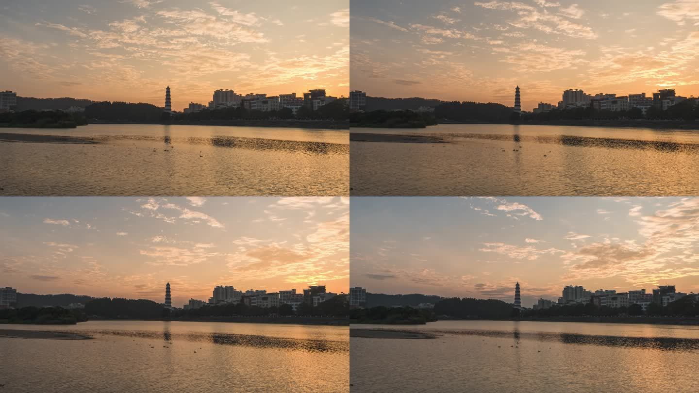 延时记录广东高州鉴江河畔的宝光塔日落过程