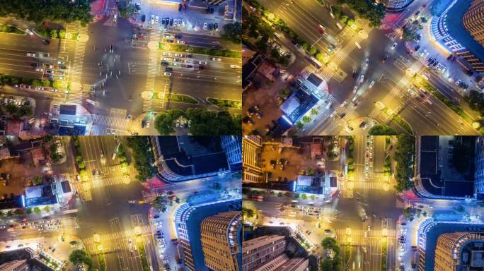 城市路口交通夜景航拍延时