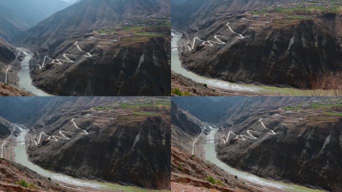 云南旅游风光金沙江山区村庄蜿蜒小路