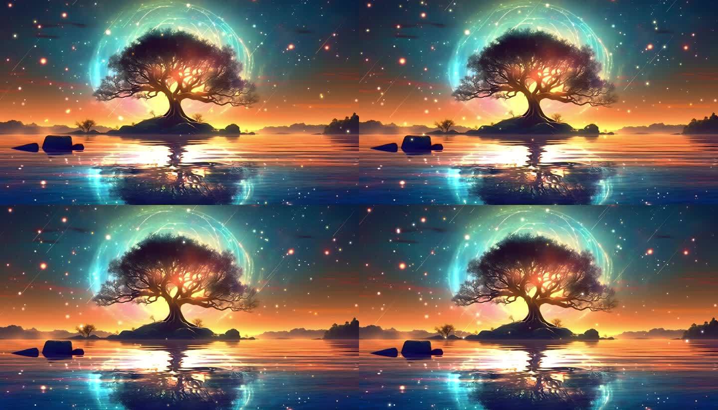 唯美夕阳湖边大树流星背景循环