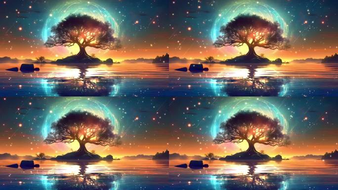 唯美夕阳湖边大树流星背景循环