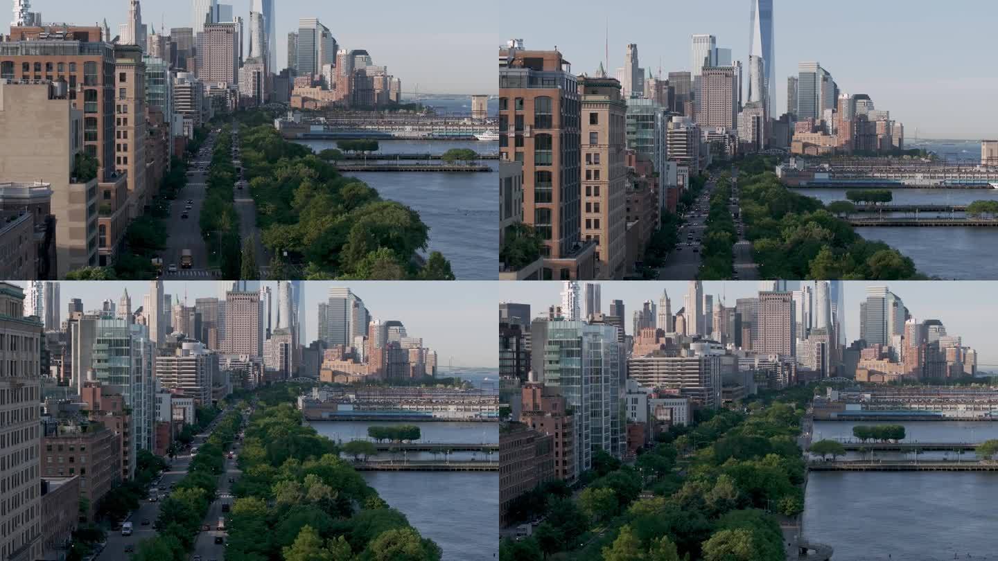 城市航拍纽约曼哈顿河边车流摩天大楼清晨