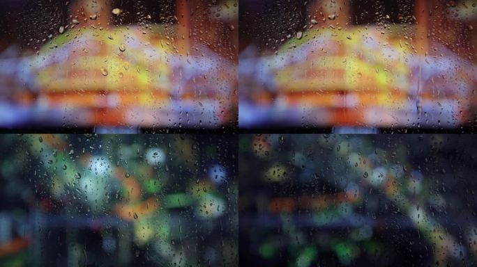 雨天 玻璃 水滴流淌 城市夜景