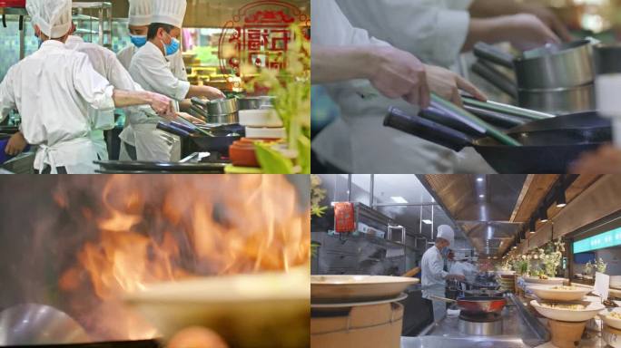 【4K】饭店一排厨师烧饭喷火特写全景素材