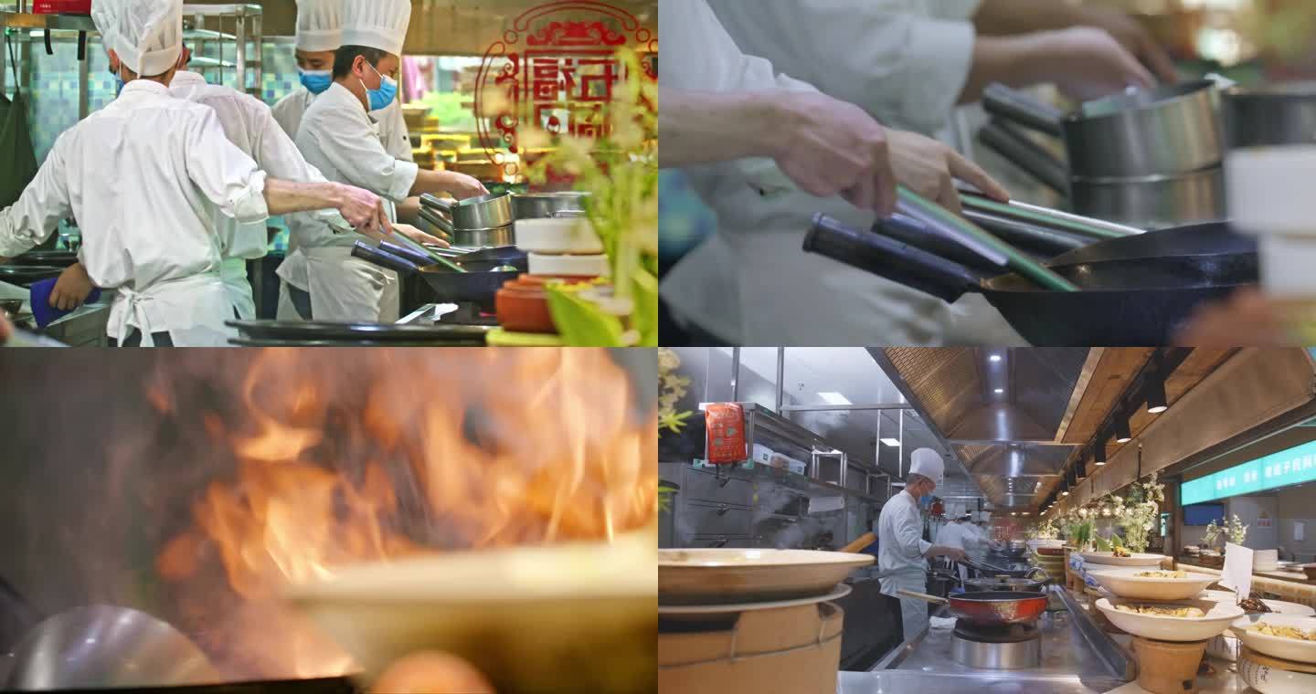 【4K】饭店一排厨师烧饭喷火特写全景素材