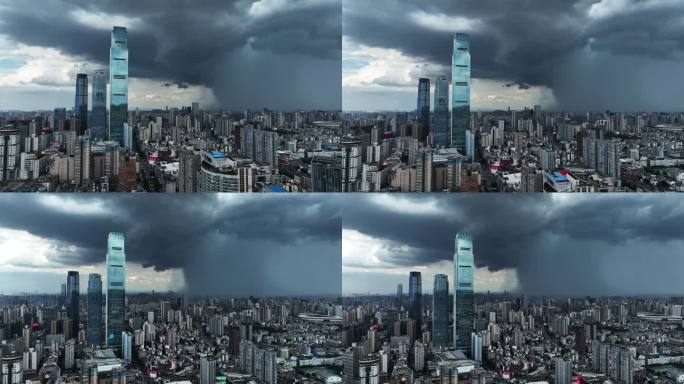 航拍长沙市中心暴雨来袭大景