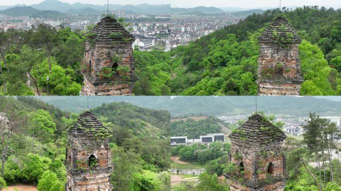 航拍浙江绍兴诸暨枫桥古镇东化城寺塔古塔