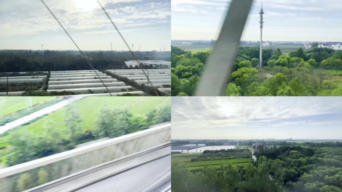 高铁列车行驶窗外郊区江南景色