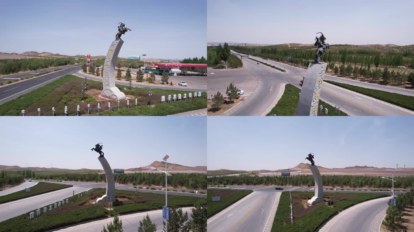 阿鲁科尔沁旗 北方弓箭手雕塑 航拍4k