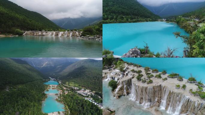 丽江 航拍 瀑布 湖水  风景 蓝色湖水