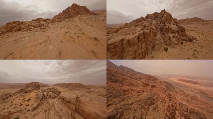 FPV无人机航拍沙漠峡谷高山山脉蓝天白云