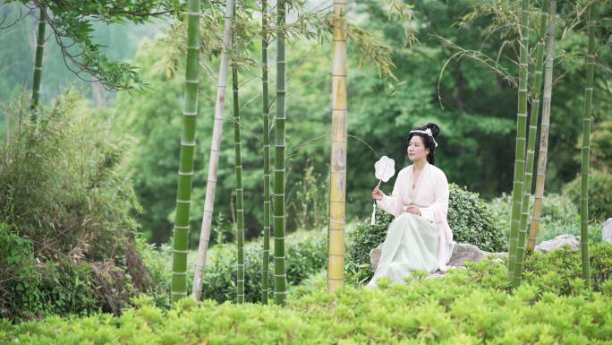 古装古代美女拿着扇子竹林里