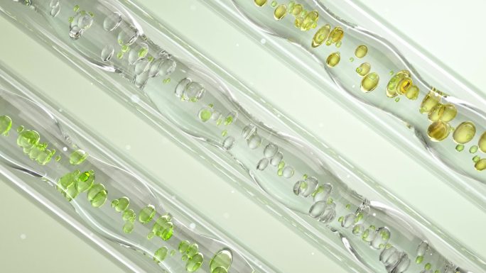果绿色背景中下玻璃试管中的植物分子气泡