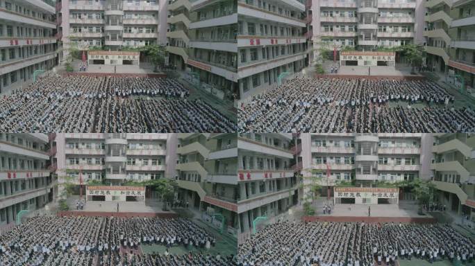 航拍小学升旗仪式人群壮观学校校园龙川