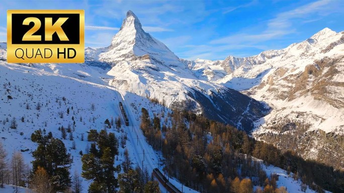 瑞士城镇雪山瀑布风景