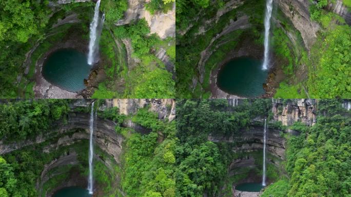 唯美神奇大自然景观高岩瀑布小溪飞流航拍