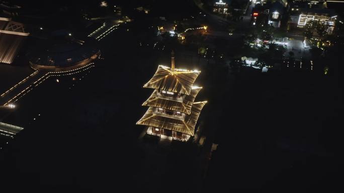 航拍上海广富林文化遗址佛塔夜景