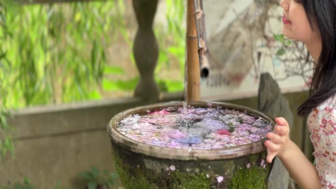水缸 舀水 竹筒 小溪 水流 唯美空境