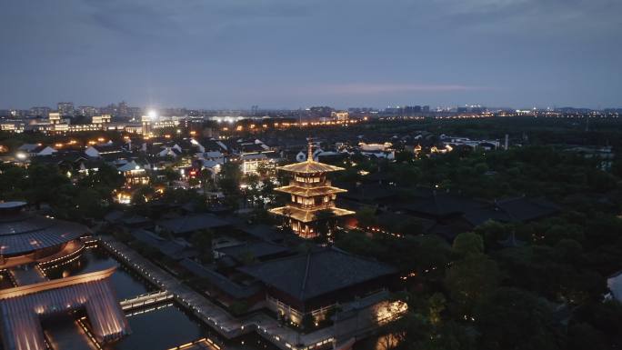 航拍上海广富林文化遗址夜景风光