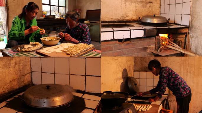 两代妇女一起在农村厨房包饺子