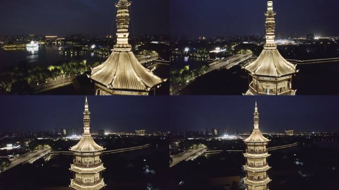 航拍平湖报本禅寺报本塔夜景特写