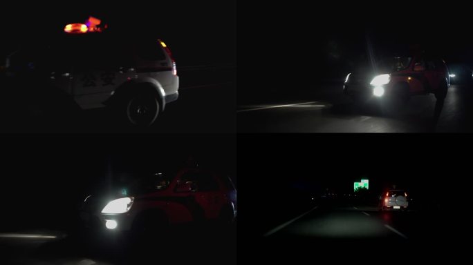 行车跟拍夜间公路上行驶的警车闪灯