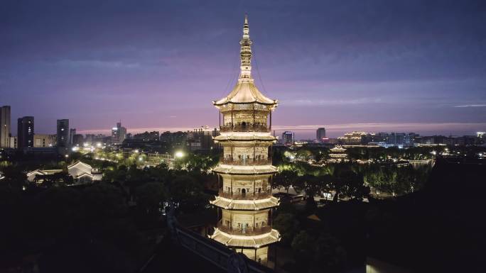 航拍平湖报本禅寺报本塔夜景