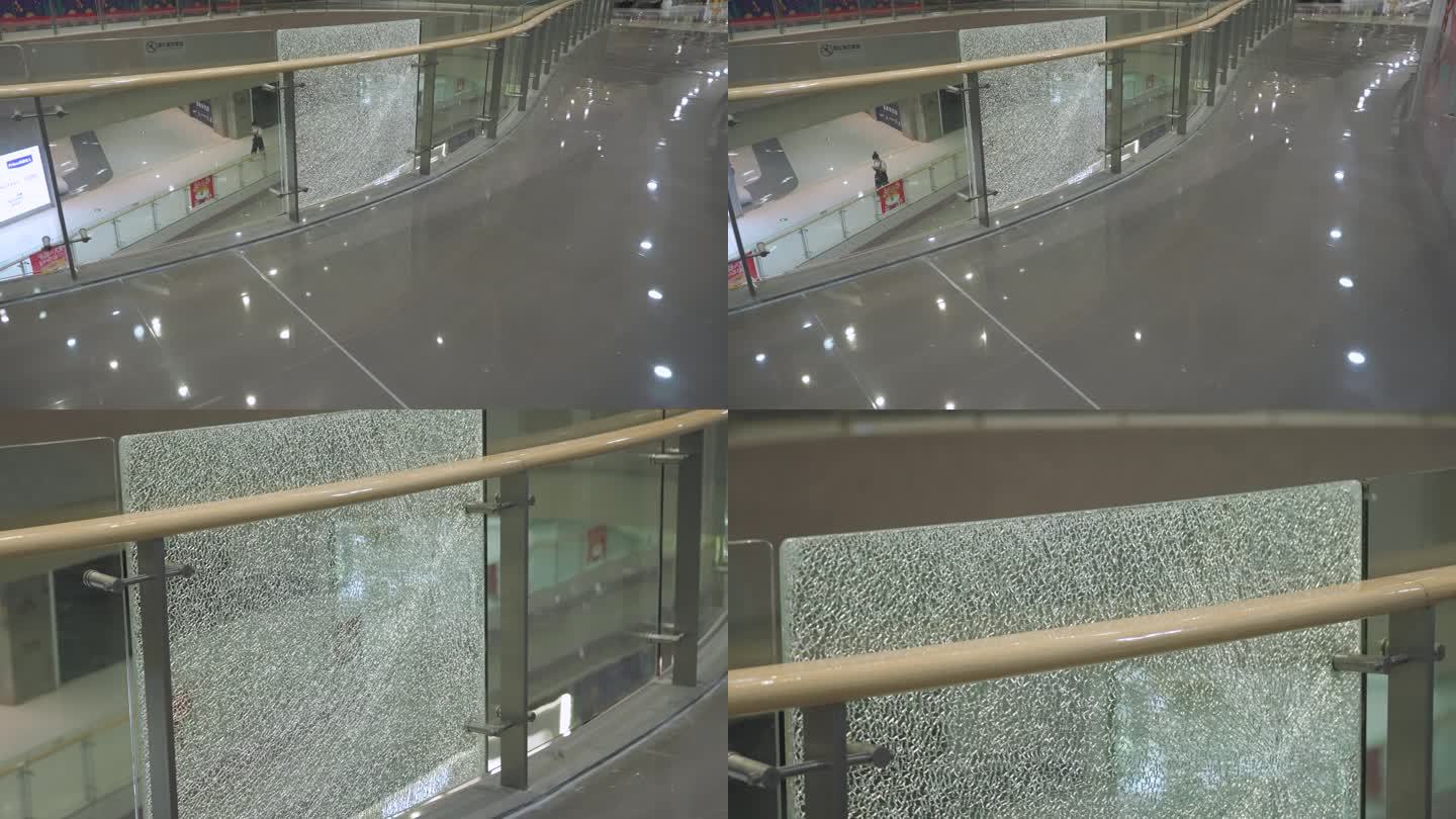 商场护栏钢化玻璃炸裂后花纹