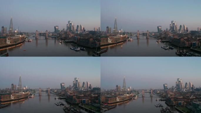 伦敦泰晤士河清晨 日出航拍